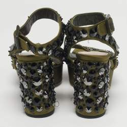 Pre Owned صندل ميو ميو نعل سميك مزخرف كريستال ساتان وقطيفة أسود / أخضر مقاس 38.5