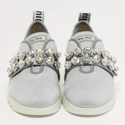 Pre Owned Miu Miu Size 39.5 Blue Mesh Crystal Embellished Lace Up Sneakers