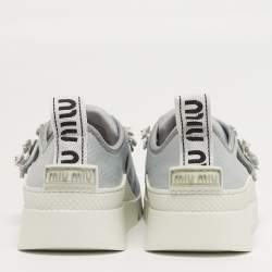 Pre Owned Miu Miu Size 39.5 Blue Mesh Crystal Embellished Lace Up Sneakers