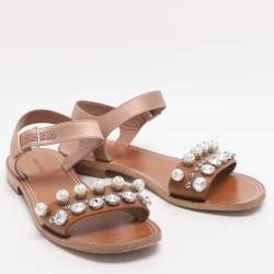 مملوكة مسبقًا Miu Miu Size 39 Brown/Old Rose Leather and Satin Crystal Pearl Embellished Ankle Strap Flats