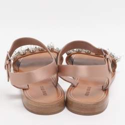مملوكة مسبقًا Miu Miu Size 39 Brown/Old Rose Leather and Satin Crystal Pearl Embellished Ankle Strap Flats