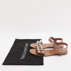 مملوكة مسبقًا Miu Miu Size 39 Brown/Old Rose Leather and Satin Crystal Pearl Embellished Ankle Strap Flats