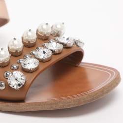 مملوكة مسبقًا Miu Miu Size 39 Brown/Old Rose Leather and Satin Crystal Pearl Embellished Ankle Strap Flats