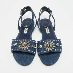 Pre Owned حذاء فلات باليه ميو ميو مزخرف كريستال دنيم أزرق مقاس 37.5