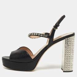 Pre Owned Miu Miu Size 39 Black Lizard Embossed Leather Crystal Embellished Ankle Strap Sandals