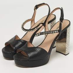 Pre Owned Miu Miu Size 39 Black Lizard Embossed Leather Crystal Embellished Ankle Strap Sandals