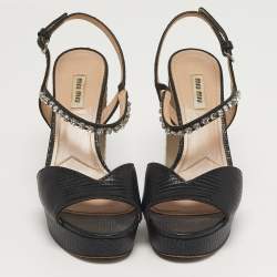 Pre Owned Miu Miu Size 39 Black Lizard Embossed Leather Crystal Embellished Ankle Strap Sandals