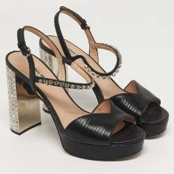 Pre Owned Miu Miu Size 39 Black Lizard Embossed Leather Crystal Embellished Ankle Strap Sandals