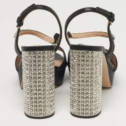 Pre Owned Miu Miu Size 39 Black Lizard Embossed Leather Crystal Embellished Ankle Strap Sandals