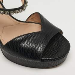 Pre Owned Miu Miu Size 39 Black Lizard Embossed Leather Crystal Embellished Ankle Strap Sandals