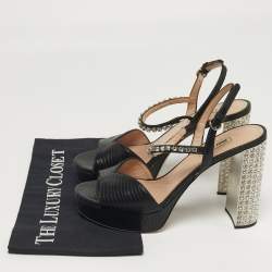 Pre Owned Miu Miu Size 39 Black Lizard Embossed Leather Crystal Embellished Ankle Strap Sandals