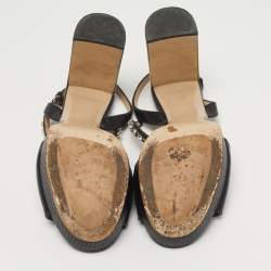 Pre Owned Miu Miu Size 39 Black Lizard Embossed Leather Crystal Embellished Ankle Strap Sandals