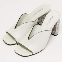 Pre Owned Miu Miu Size 38 White Leather Block Heel Slide Sandals  