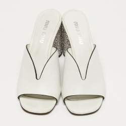 Pre Owned Miu Miu Size 38 White Leather Block Heel Slide Sandals  