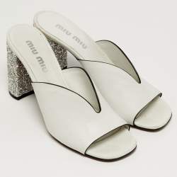 Pre Owned Miu Miu Size 38 White Leather Block Heel Slide Sandals  