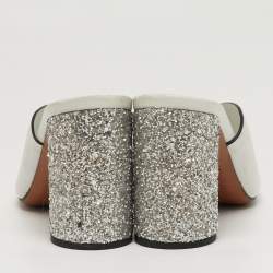 Pre Owned Miu Miu Size 38 White Leather Block Heel Slide Sandals  