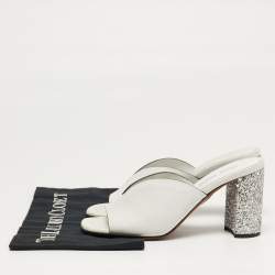 Pre Owned Miu Miu Size 38 White Leather Block Heel Slide Sandals  