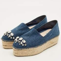 مملوكة مسبقًا Miu Miu Size 40 Blue Denim Crystal Embellished Cap Toe Platform Espadrille Flats