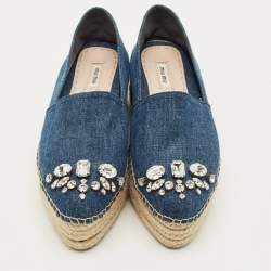 مملوكة مسبقًا Miu Miu Size 40 Blue Denim Crystal Embellished Cap Toe Platform Espadrille Flats