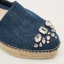 مملوكة مسبقًا Miu Miu Size 40 Blue Denim Crystal Embellished Cap Toe Platform Espadrille Flats