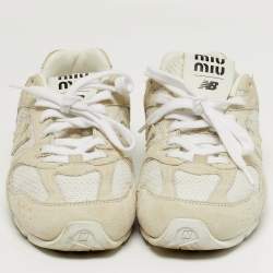 مملوكة مسبقًا حذاء رياضي ميو ميو نيو بالانس قماش شبكي وسويدي رمادي/أبيض بأربطة مقاس 38