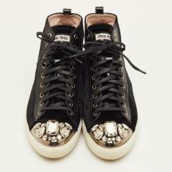 Pre Owned Miu Miu Crystal Embellished Cap Toe Size 38.5 Black Patent Leather and Velvet Mid Top Sneakers
