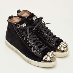 Pre Owned Miu Miu Crystal Embellished Cap Toe Size 38.5 Black Patent Leather and Velvet Mid Top Sneakers