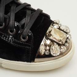 Pre Owned Miu Miu Crystal Embellished Cap Toe Size 38.5 Black Patent Leather and Velvet Mid Top Sneakers