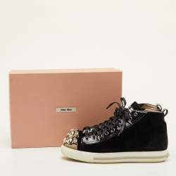 Pre Owned Miu Miu Crystal Embellished Cap Toe Size 38.5 Black Patent Leather and Velvet Mid Top Sneakers