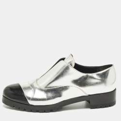 Pre Owned Miu Miu Size 38.5 Silver/Black Leather Slip On Derby