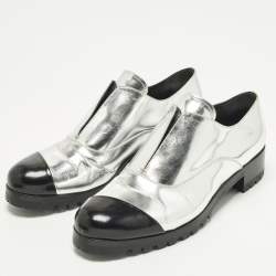 Pre Owned Miu Miu Size 38.5 Silver/Black Leather Slip On Derby