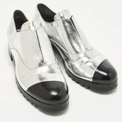 Pre Owned Miu Miu Size 38.5 Silver/Black Leather Slip On Derby