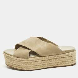 Pre Owned Miu Miu Size 38.5 Beige Suede Platform Espadrille Sandals