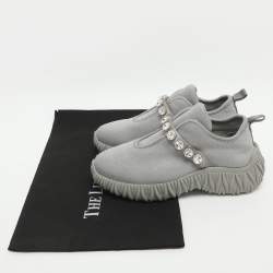 مملوكة مسبقًا Miu Miu Embellished Size 37 Grey Knit Fabric Slip On Sneakers