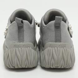 مملوكة مسبقًا Miu Miu Embellished Size 37 Grey Knit Fabric Slip On Sneakers