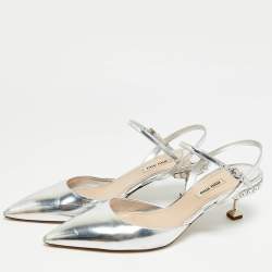 Pre Owned Miu Miu Size 40 Silver Leather Ankle Strap Pumps