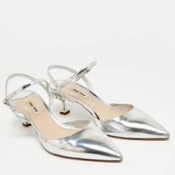 Pre Owned Miu Miu Size 40 Silver Leather Ankle Strap Pumps