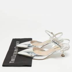 Pre Owned Miu Miu Size 40 Silver Leather Ankle Strap Pumps