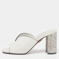 Pre Owned Miu Miu Size 37.5 White Leather Glitter Block Heel Slide Sandals