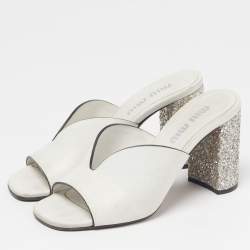Pre Owned Miu Miu Size 37.5 White Leather Glitter Block Heel Slide Sandals