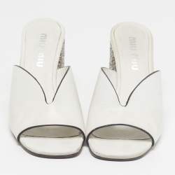 Pre Owned Miu Miu Size 37.5 White Leather Glitter Block Heel Slide Sandals