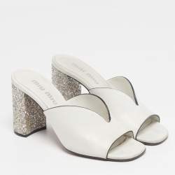 Pre Owned Miu Miu Size 37.5 White Leather Glitter Block Heel Slide Sandals