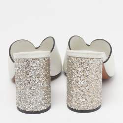 Pre Owned Miu Miu Size 37.5 White Leather Glitter Block Heel Slide Sandals