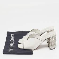 Pre Owned Miu Miu Size 37.5 White Leather Glitter Block Heel Slide Sandals