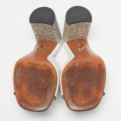 Pre Owned Miu Miu Size 37.5 White Leather Glitter Block Heel Slide Sandals