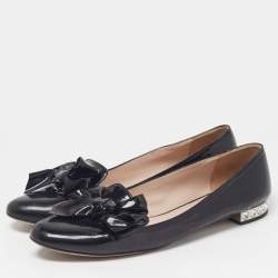 Pre Owned Miu Miu Bow Size 41 Black Patent Leather Bow Detail Crystal Embellished Ballet Flats