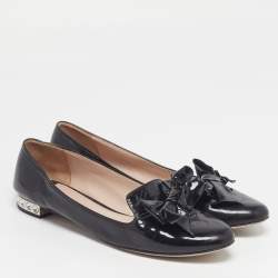 Pre Owned Miu Miu Bow Size 41 Black Patent Leather Bow Detail Crystal Embellished Ballet Flats