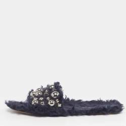 Pre Owned Miu Miu Size 40 Navy Blue Faux Fur Embellished Flat Slide Sandals