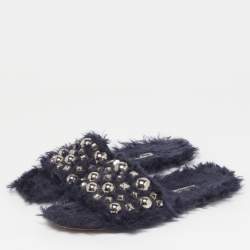 Pre Owned Miu Miu Size 40 Navy Blue Faux Fur Embellished Flat Slide Sandals