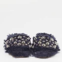 Pre Owned Miu Miu Size 40 Navy Blue Faux Fur Embellished Flat Slide Sandals